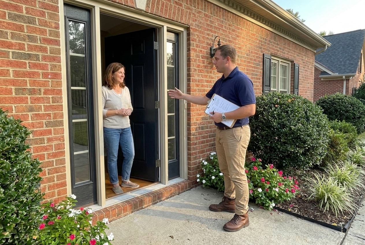 Baker Home Exteriors door estimate consultation with a homeowner