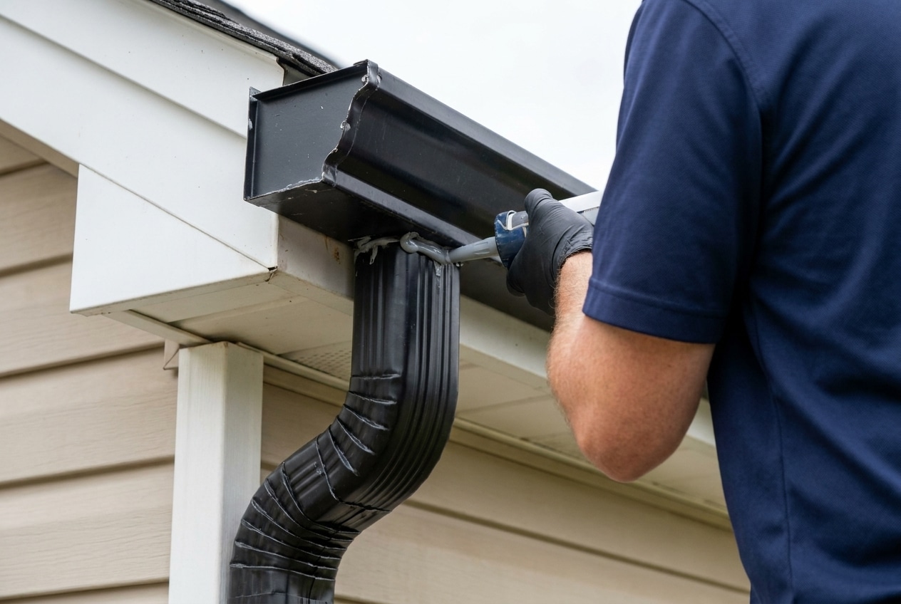 Technician sealing a damaged corner where the aluminum gutter meets the downspout outlet