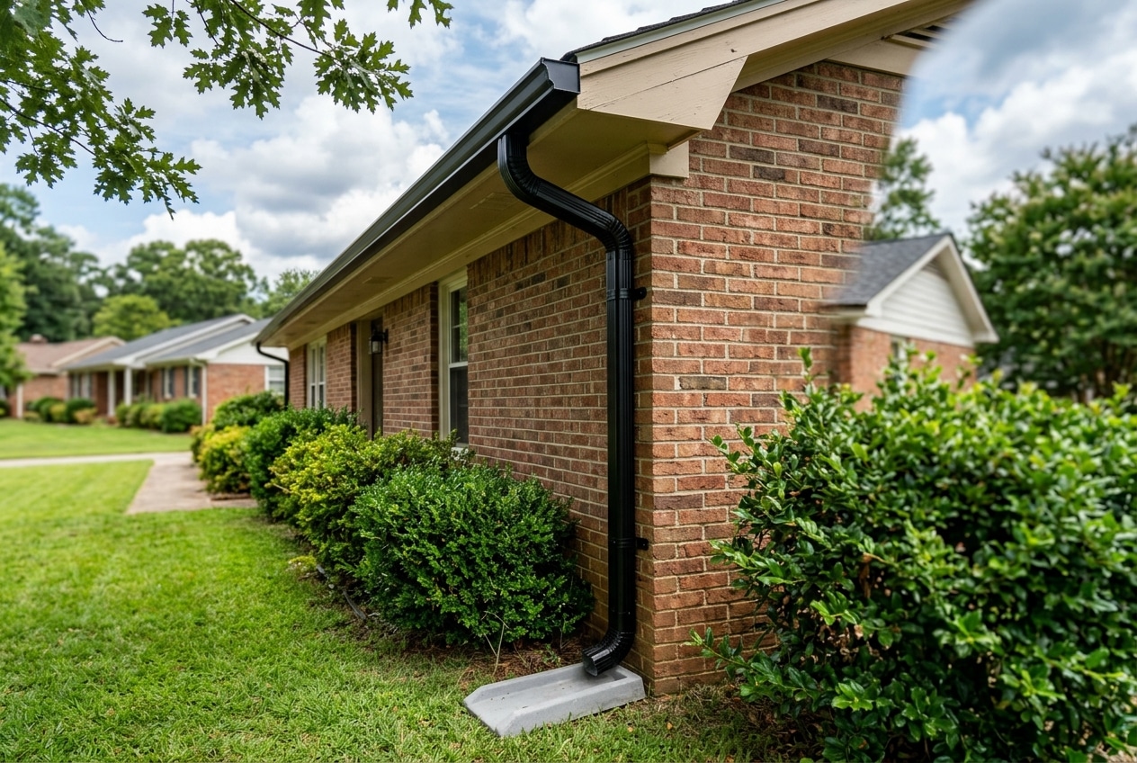 Single black aluminum downspout with splash block on a brick home