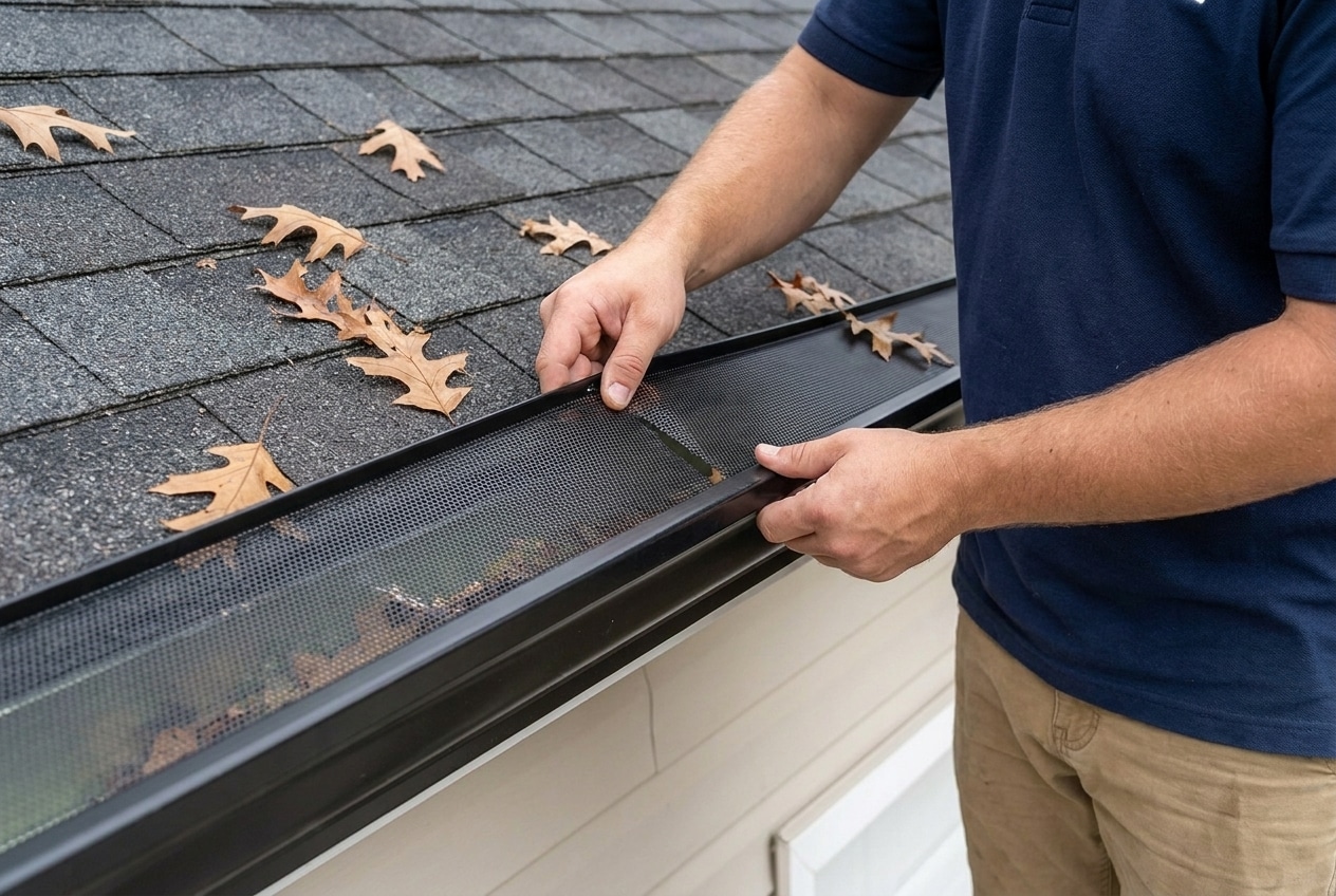 Installer snapping a black micro-mesh gutter guard onto a black aluminum gutter at the roof eave