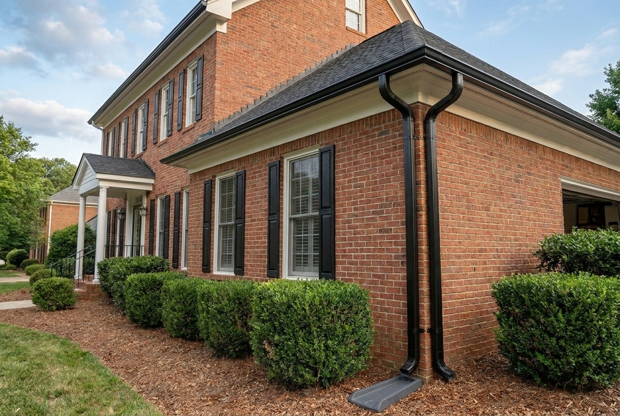 Long continuous run of black seamless aluminum gutter and downspout on a two-story brick colonial home