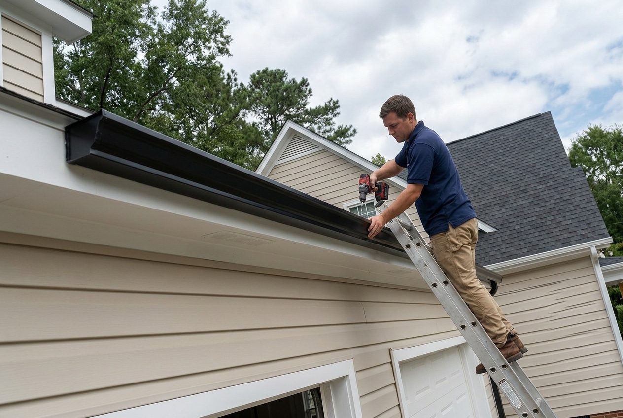 Installer mounting a new seamless black aluminum gutter section to the fascia of a North Carolina home