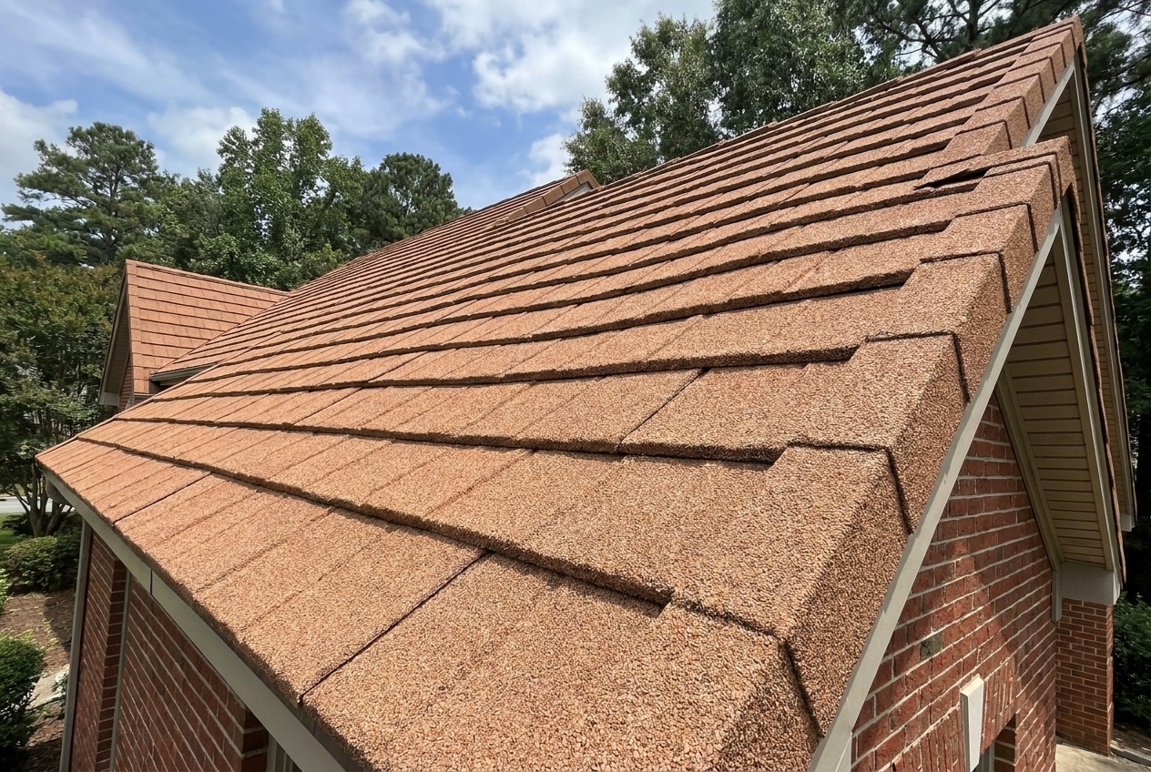 Stone-coated steel roof close-up with a textured granular surface