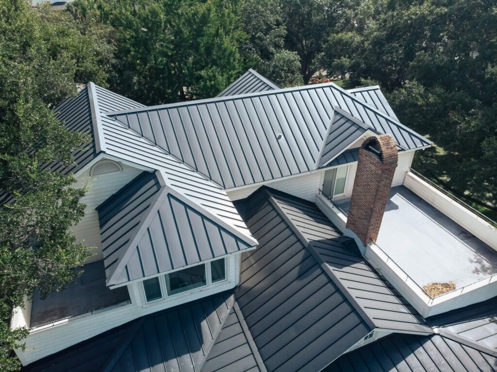 Grey metal roof on a family home