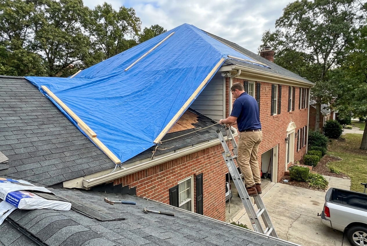 Emergency roof tarp installation by Baker Home Exteriors