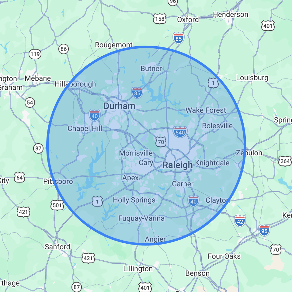 Map of the Baker Home Exteriors Raleigh-Durham service area