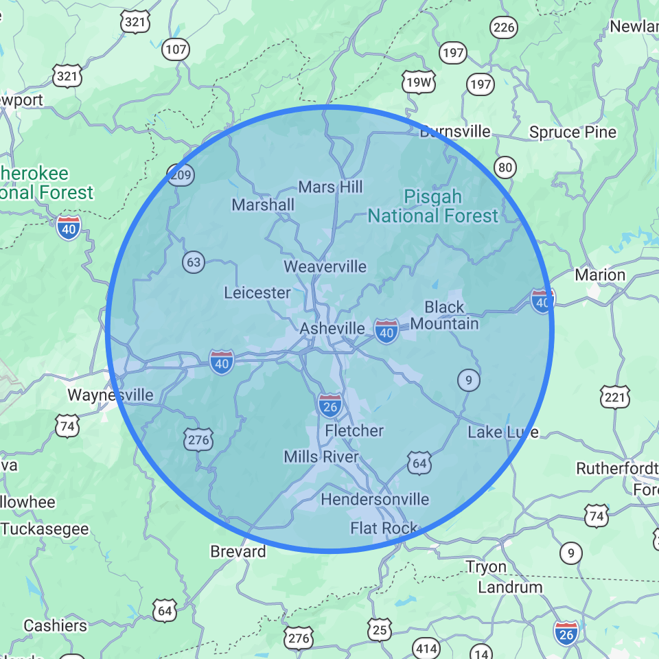 Baker Home Exteriors Asheville / Mills River service area map