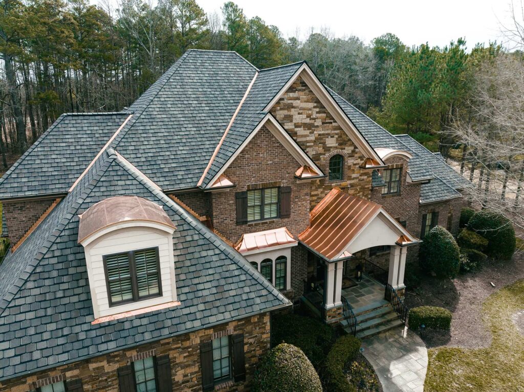 Slate roof with copper flashings