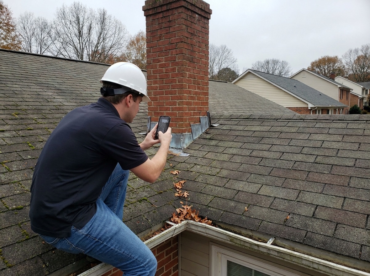 Baker project manager photographing a chimney flashing detail during a roof inspection
