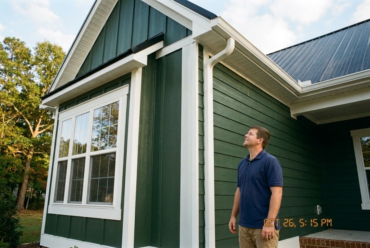 Engineered wood lap siding in deep forest green on a modern farmhouse