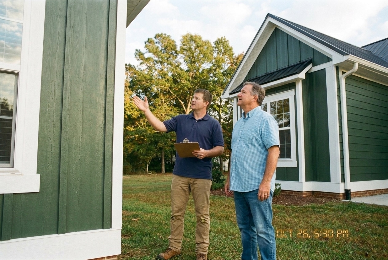 Baker Home Exteriors installer reviewing siding with a homeowner during a free inspection