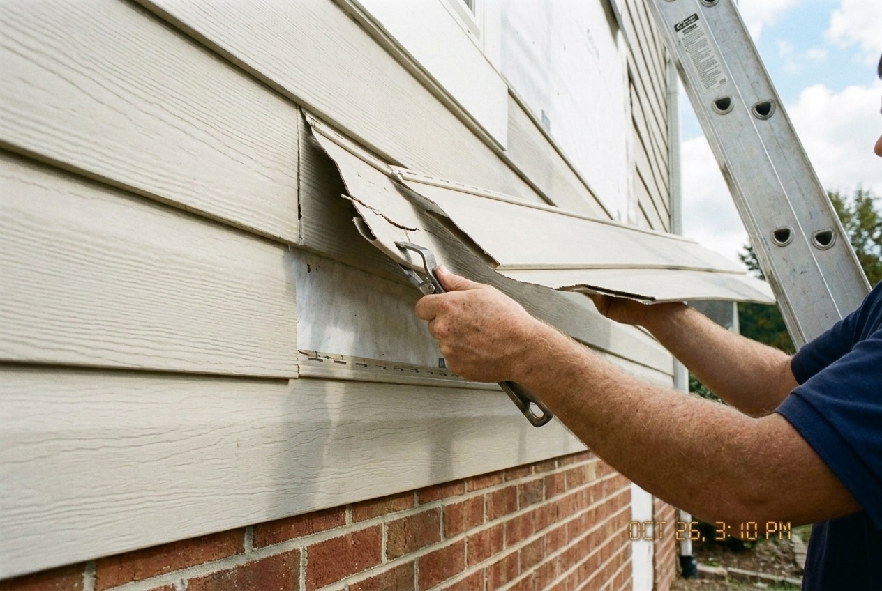 Installer repairing a damaged vinyl siding panel