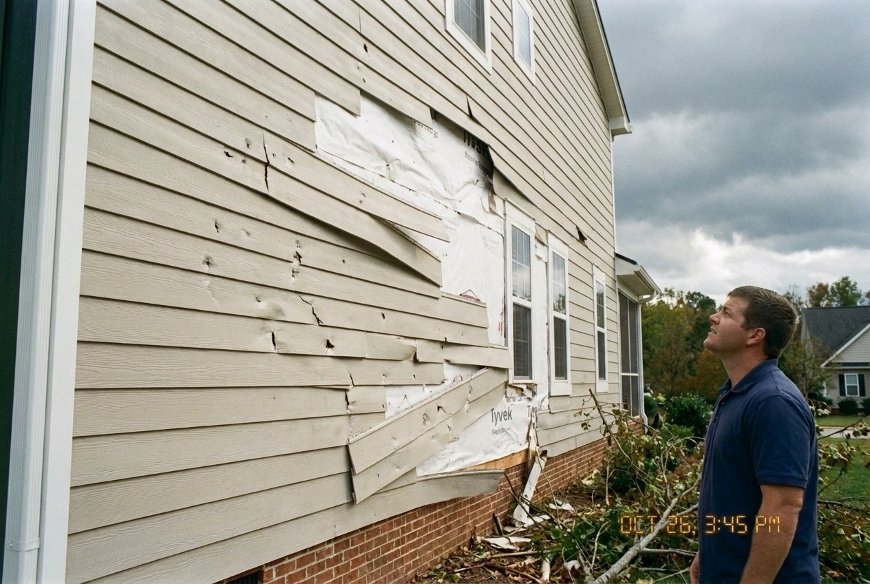 Storm-damaged vinyl siding panels torn loose on a North Carolina home