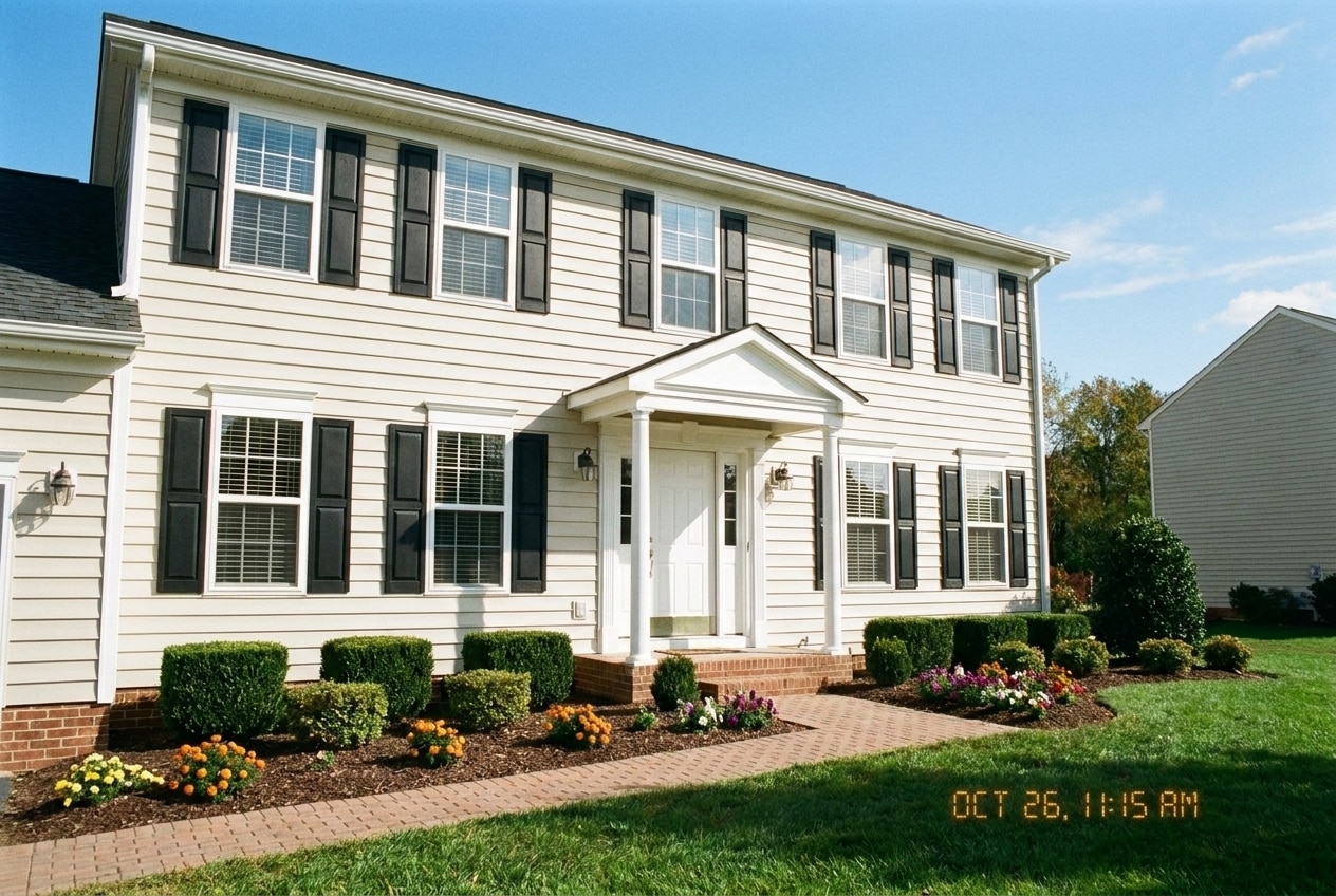 Colonial-style North Carolina home with new cream vinyl siding and black shutters