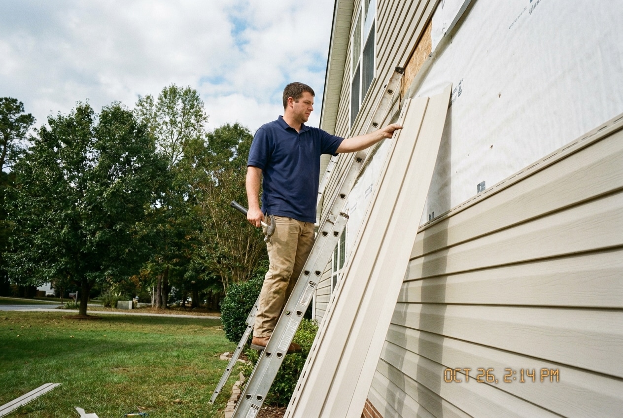 Vinyl siding replacement installation on a two-story North Carolina home