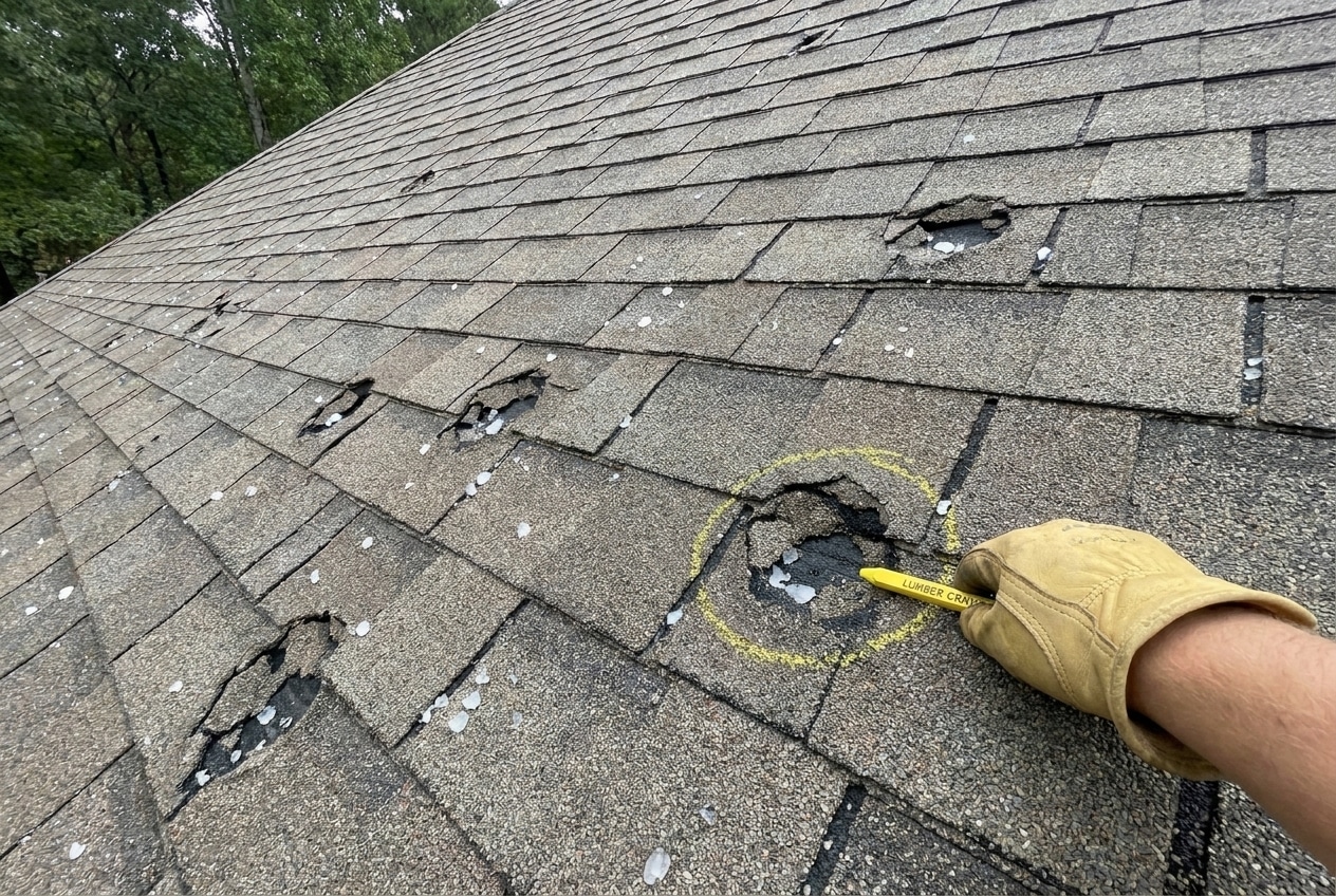 Close-up of hail damage on an asphalt shingle roof