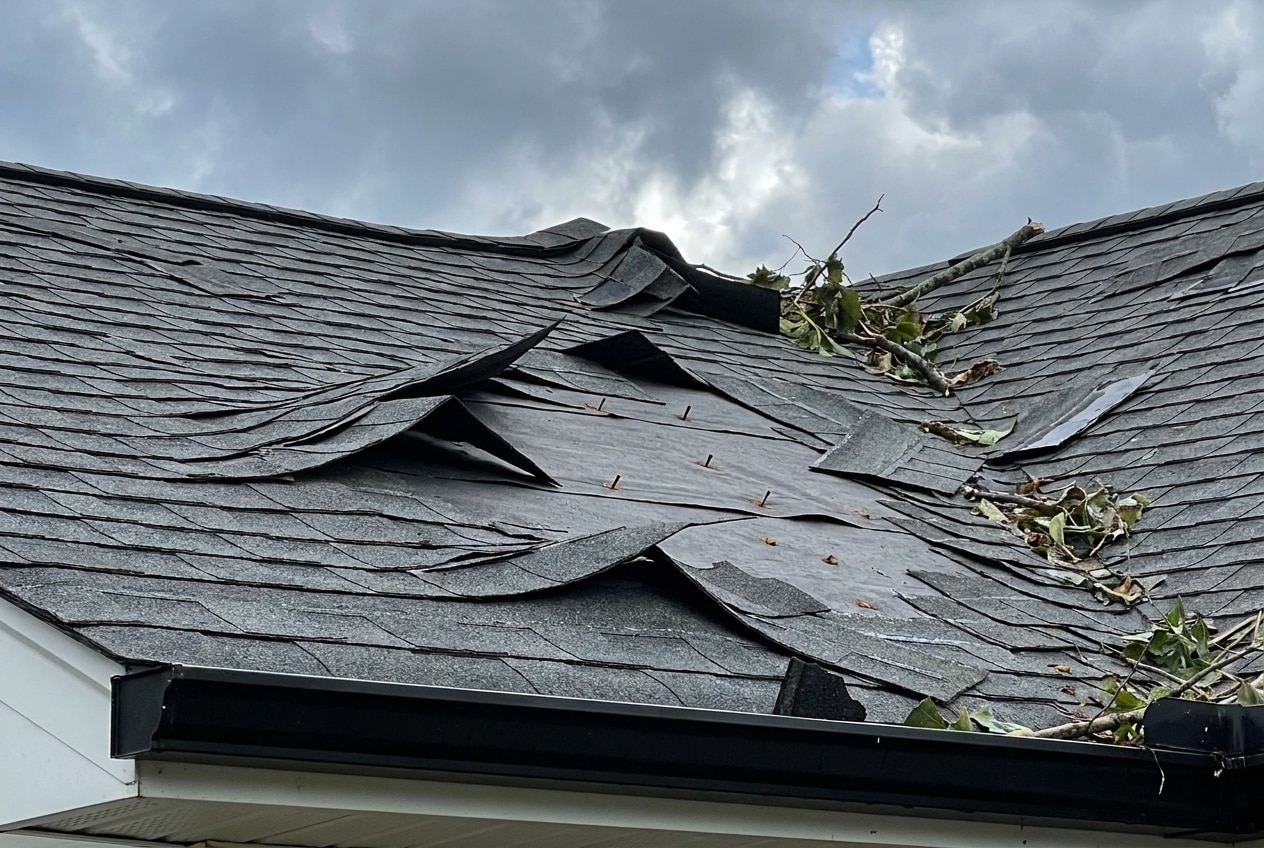 Asphalt shingle roof with severe wind damage, shingles torn off exposing underlayment