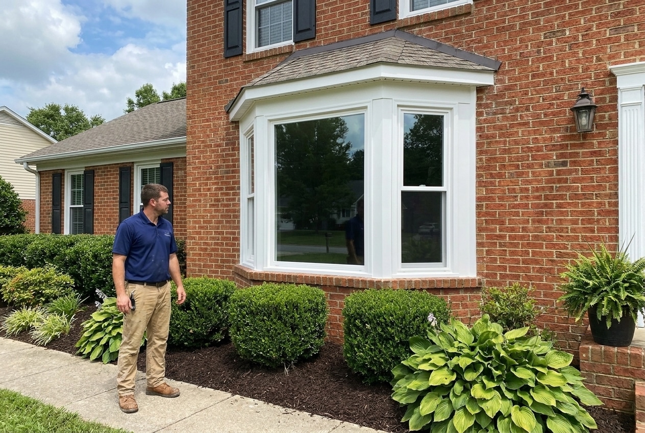 Large bay window installed on the front of a two-story brick colonial home in Mills River