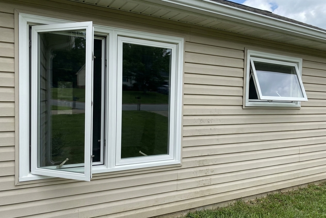 Casement and awning windows installed on a vinyl-sided North Carolina home