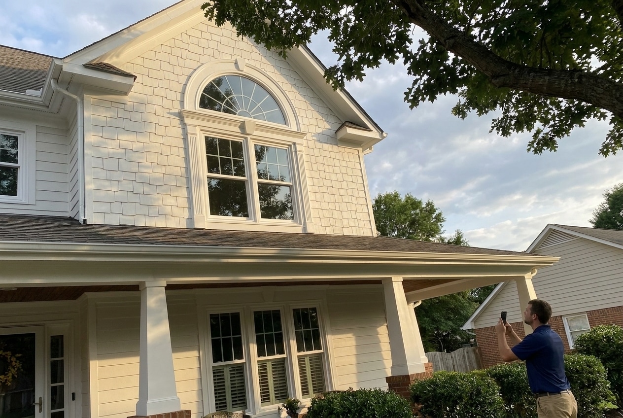 Custom half-circle arched window installed above a double-hung on a Craftsman home