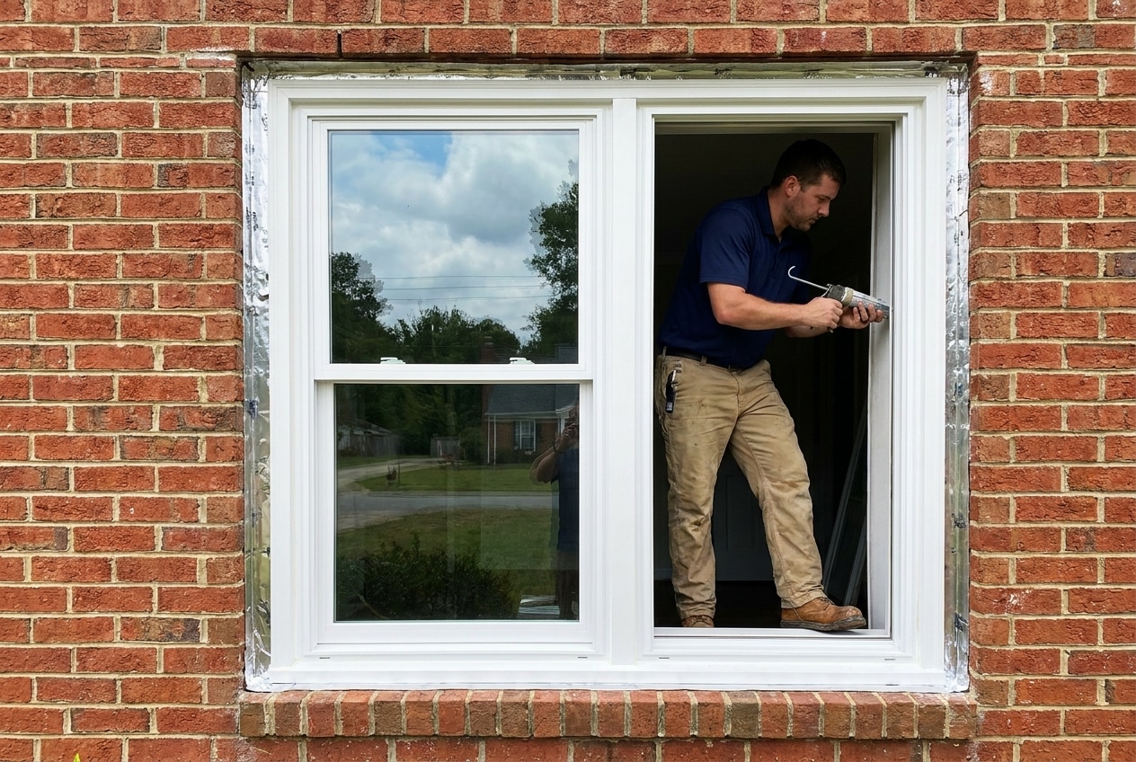 Installer finishing a double-hung replacement window on a brick colonial home in Mills River