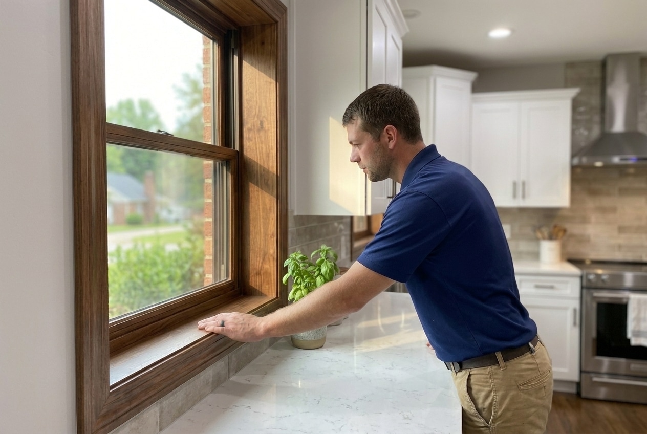 Premium fiberglass window with stained wood interior cladding in a North Carolina kitchen
