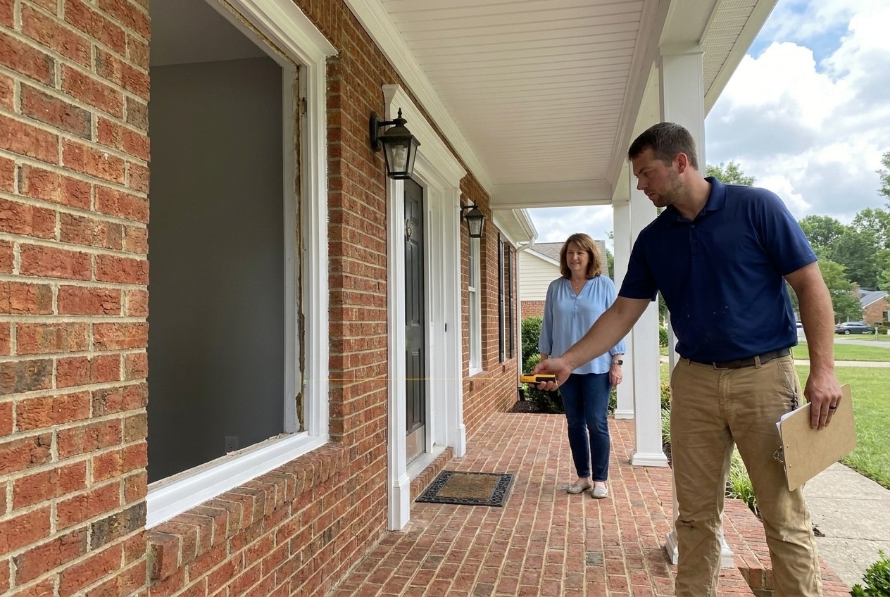 Baker Home Exteriors installer measuring a window for a free estimate