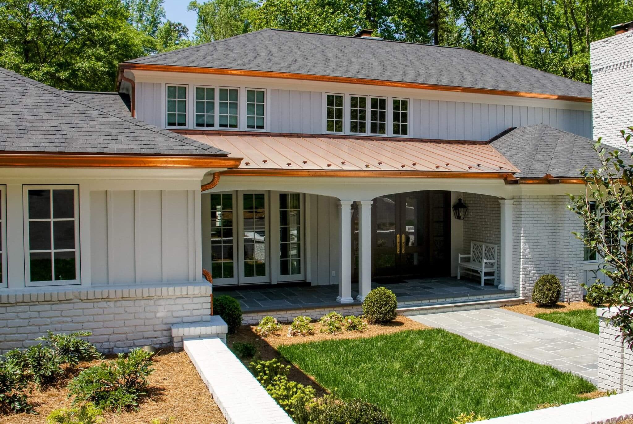 Copper gutters and roof detailing on a home