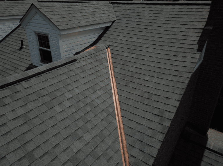 Copper flashing along roof valley