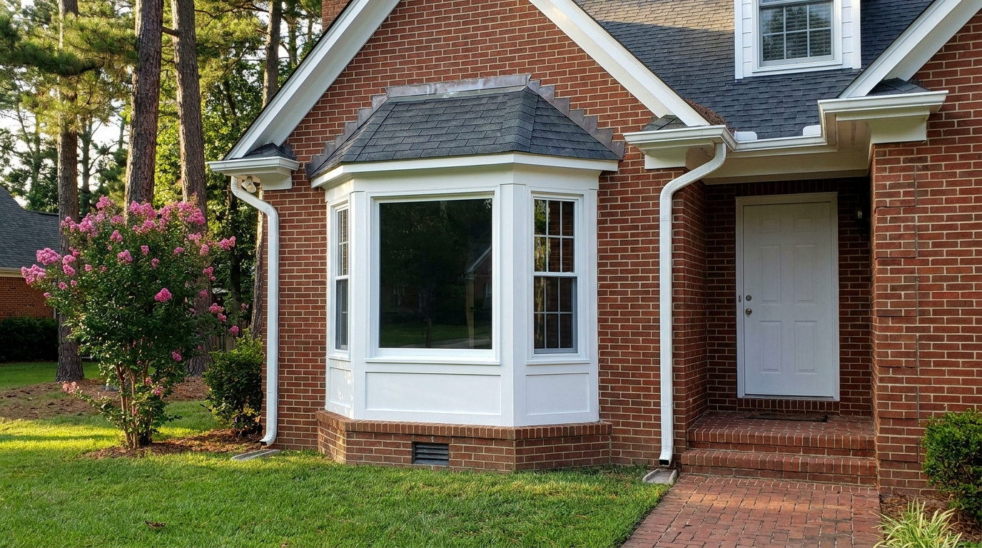 Red-brick house with a three-part bay window beside the front door: a wide center window between two narrow angled side windows, white trim, a small gray-shingled roof above and a brick base below, with a pink flowering shrub and tall pines in the yard