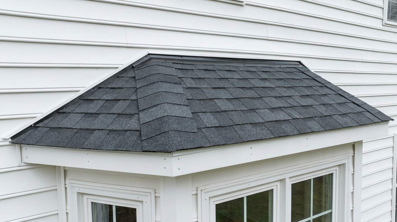 Close view of the small gray-shingled roof over a bay window where it meets white lap siding, with a metal flashing strip along the top edge and the tops of the white window frames below