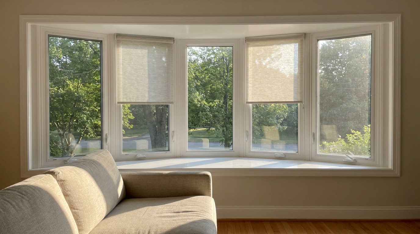 Living room with a curved five-unit bow window in white frames, two of the panes with light roller shades partly lowered, warm sun across the white ledge and a beige sofa in the foreground