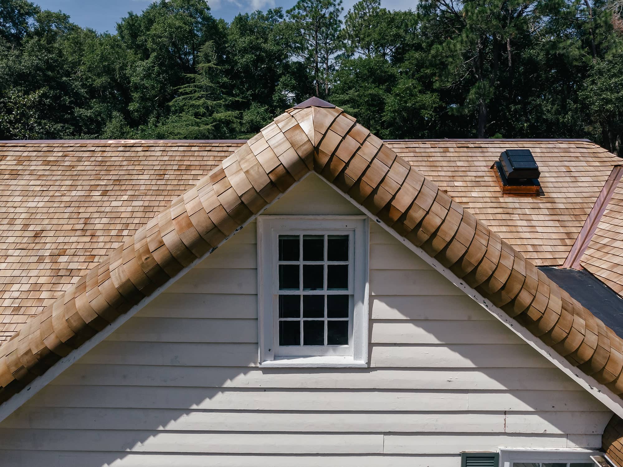 Close up of pitched cedar roof
