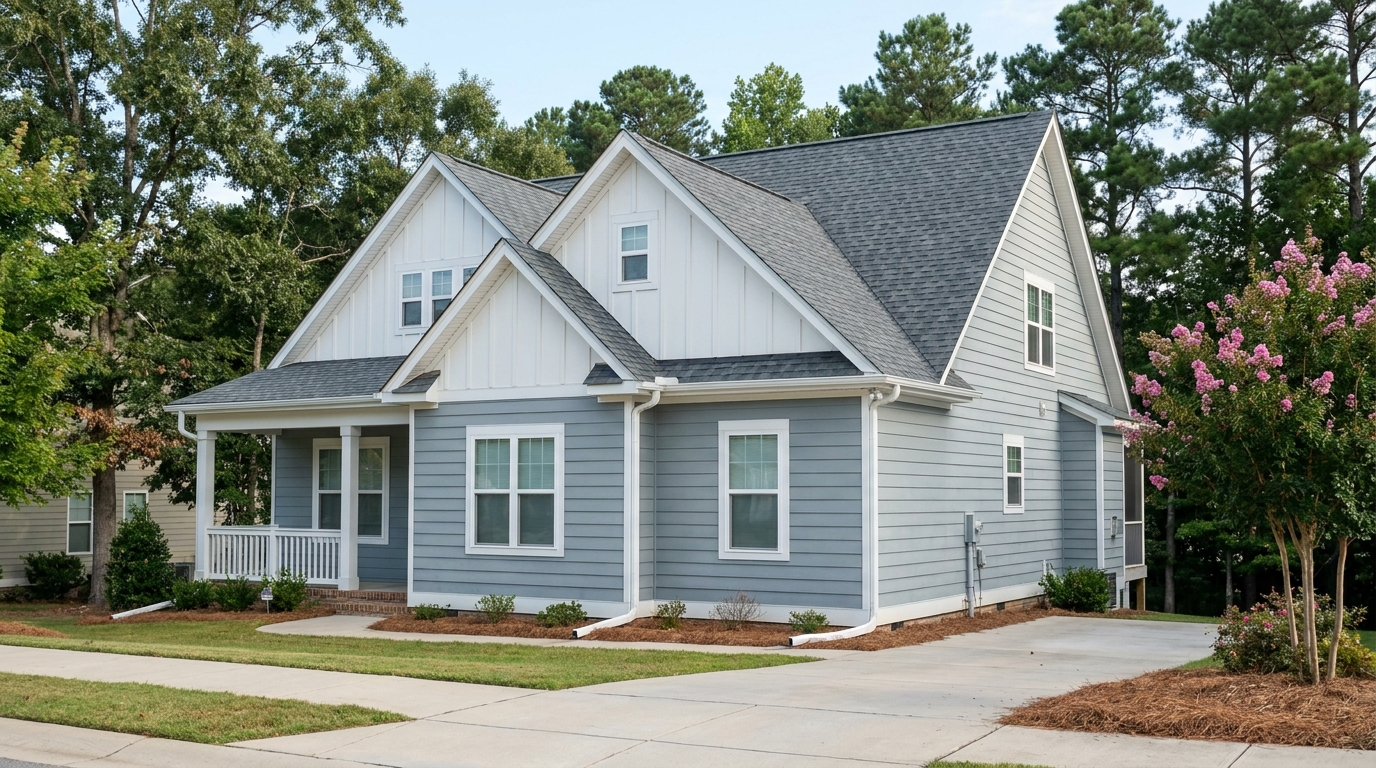 A house with gray-blue lap siding on its main walls and white board and batten siding in the front gables, with pine trees behind it and a crepe myrtle in bloom beside the driveway