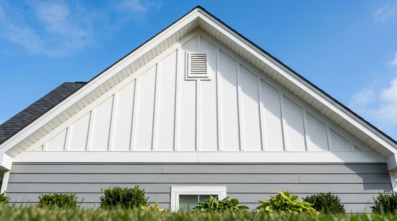 A gable end seen from the ground, finished in white board and batten with the boards cut at an angle along the roof slope, a louvered vent under the peak, and a white trim band above gray lap siding