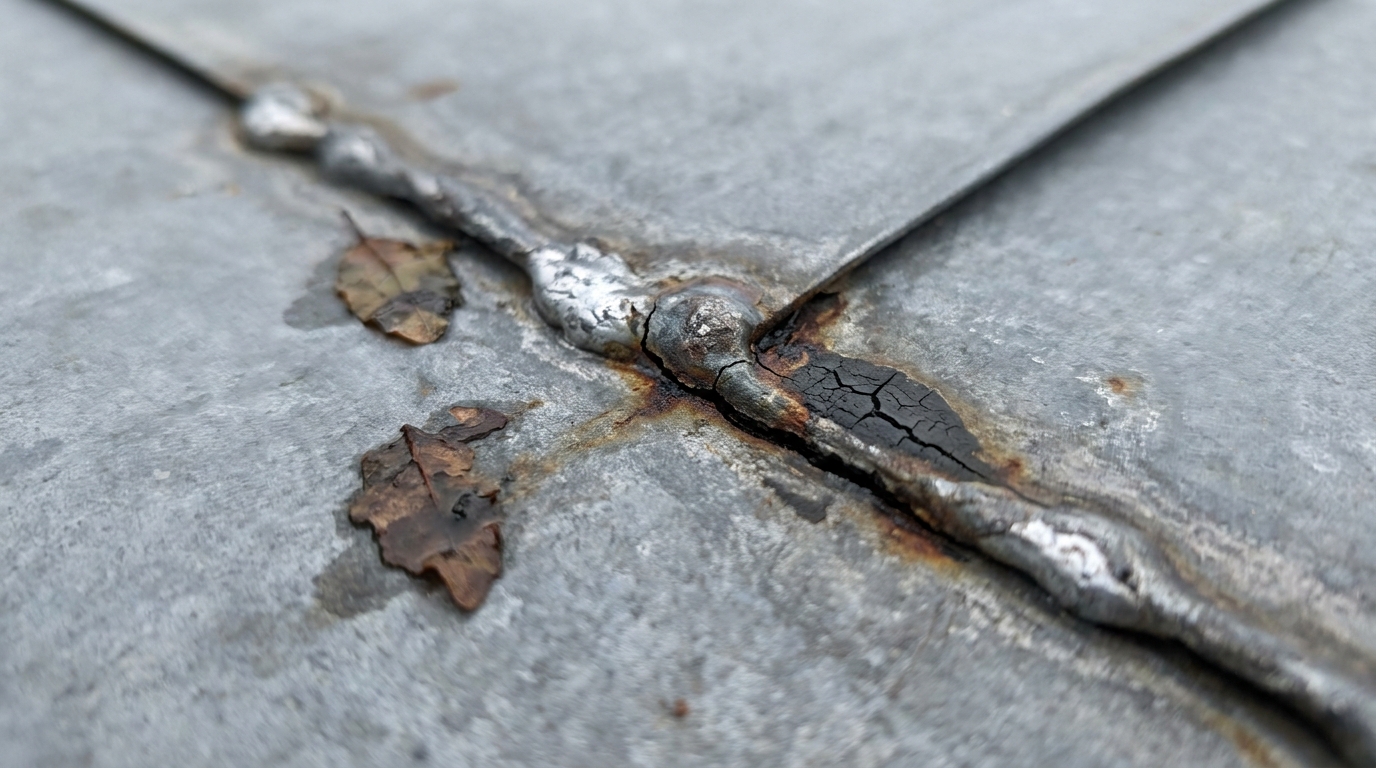 Close view of a soldered lap seam in a box gutter’s metal liner, split open along the solder line with rust staining around it and a cracked, lifting patch of old black tar sealant smeared over the failure