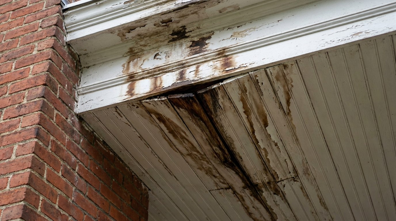 Brown water staining and blistered, peeling paint on a painted wood soffit and cornice below a built-in box gutter, with the beadboard boards darkened and separating at their joints