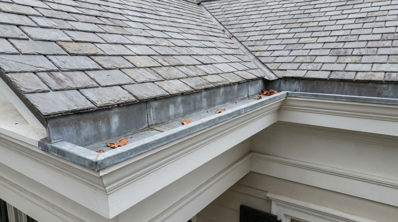 Open metal-lined box gutter recessed into the roof of a historic Charleston home, running between the slate courses above and the painted white cornice below, with leaf debris collecting in the trough and no gutter hung on the fascia