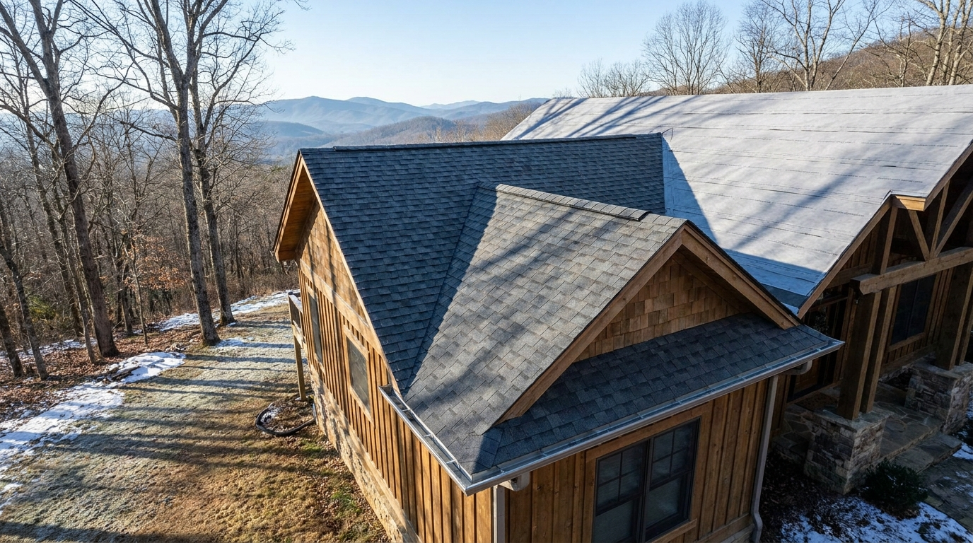 A mountain home with wood board-and-batten siding partway through a roof replacement on a clear winter day, with new charcoal shingles on the lower roof sections, gray underlayment covering the upper roof, patches of snow on the ground, and bare trees and blue ridgelines behind.
