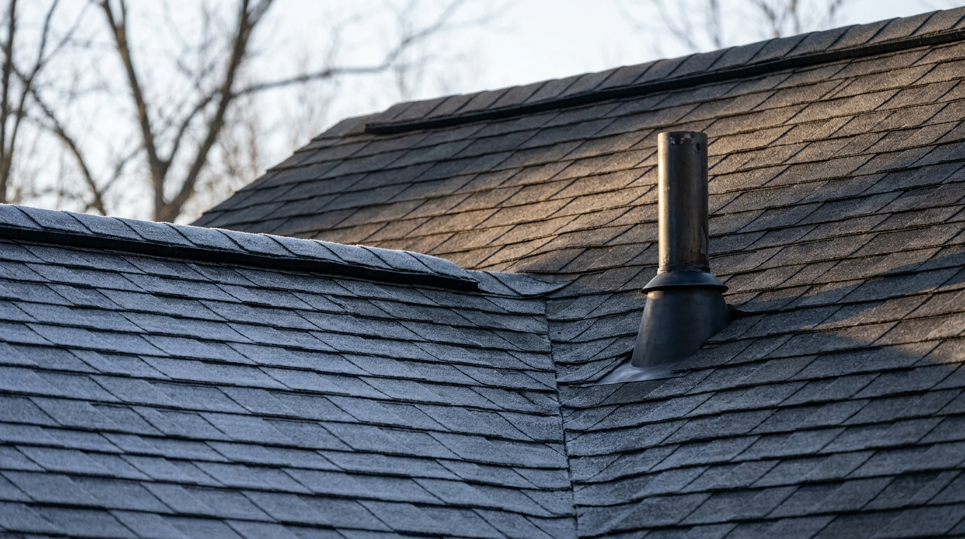 Close view of charcoal asphalt shingles where two roof slopes meet, with light frost on the shaded shingles in the foreground, low sun on the slope behind, and a black pipe vent with its boot flashing.