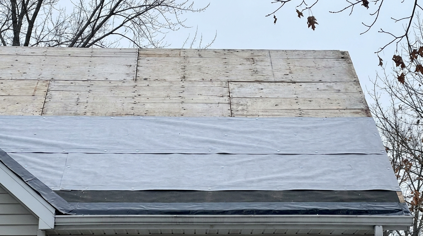 A roof partway through replacement on an overcast winter day, with bare wood decking across the top, gray synthetic underlayment fastened with cap nails below it, and a dark membrane strip along the eave above the gutter.