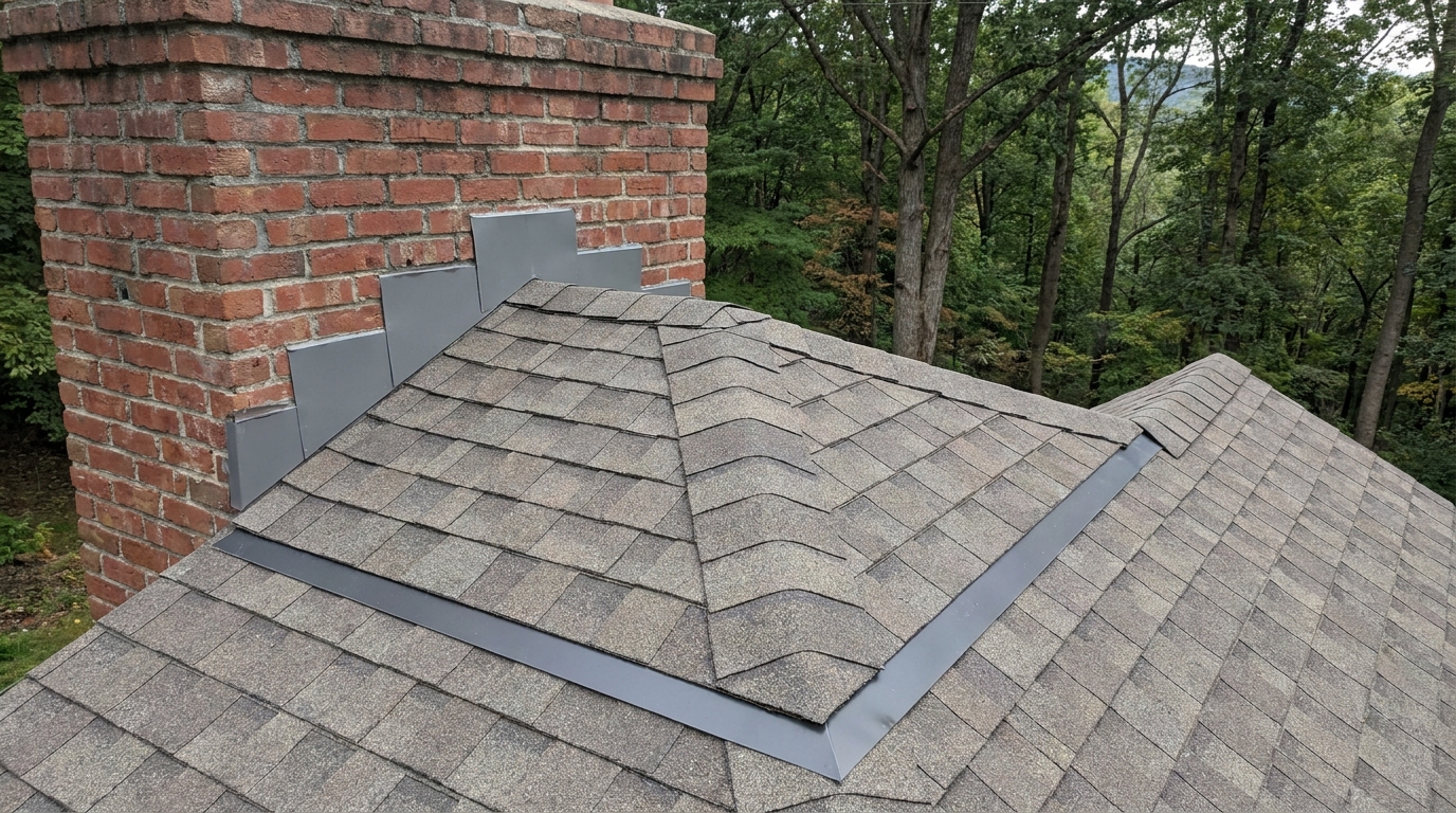 A peaked chimney cricket built into an asphalt shingle roof behind a brick chimney, its two sloped faces meeting at a ridge that runs back from the chimney, with metal flashing along the joins