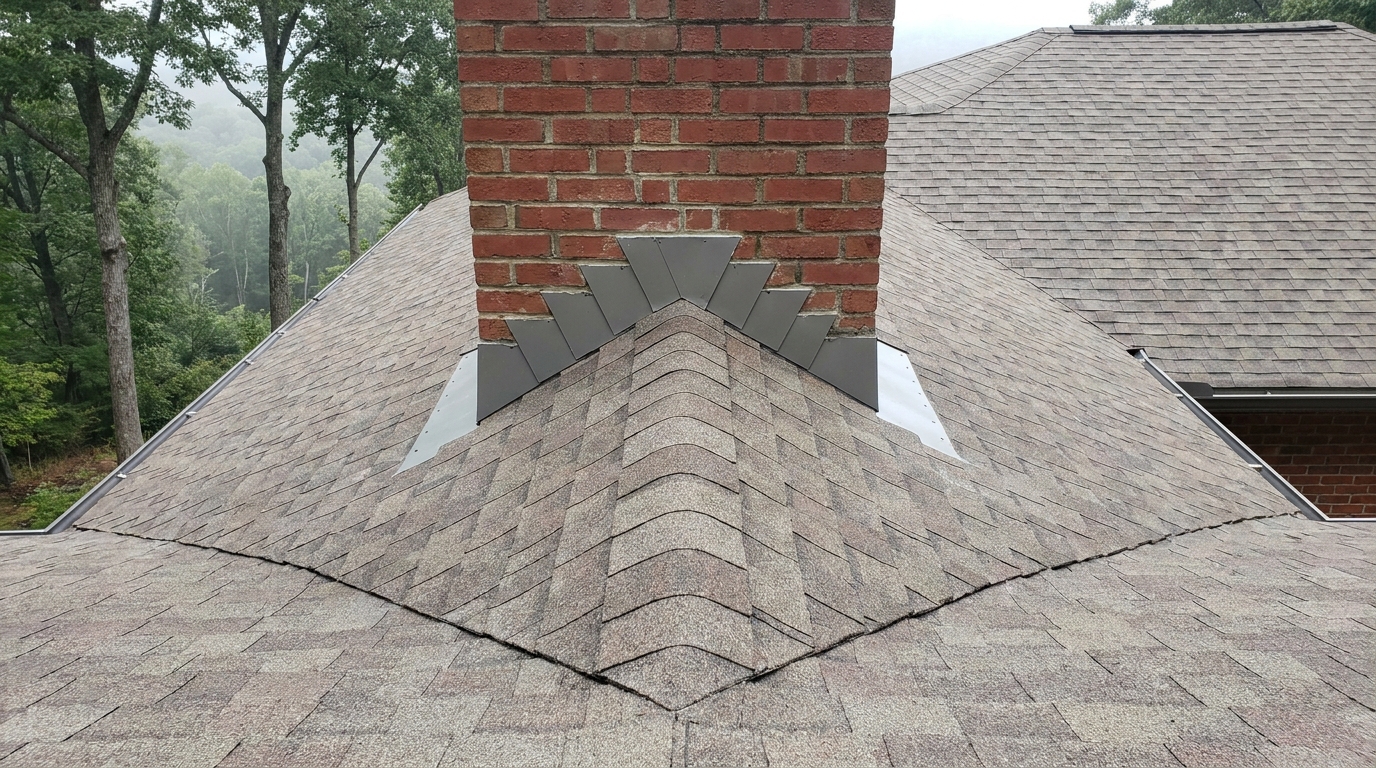 A brick chimney on an asphalt shingle roof with a peaked, shingled cricket built against its base and metal flashing stepping up the brick, in a wooded Western North Carolina setting