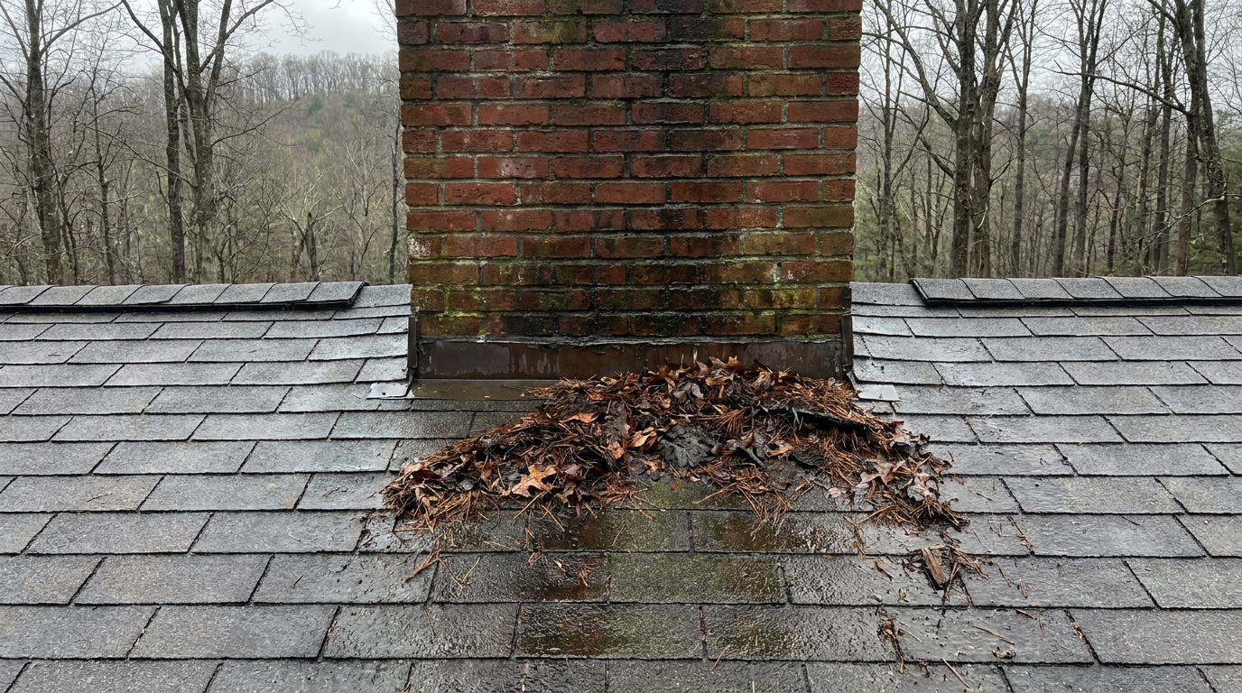 The up-slope side of a brick chimney with no cricket, where wet leaf litter and pine needles have piled against the base of the masonry and left a dark stain across the shingle courses below