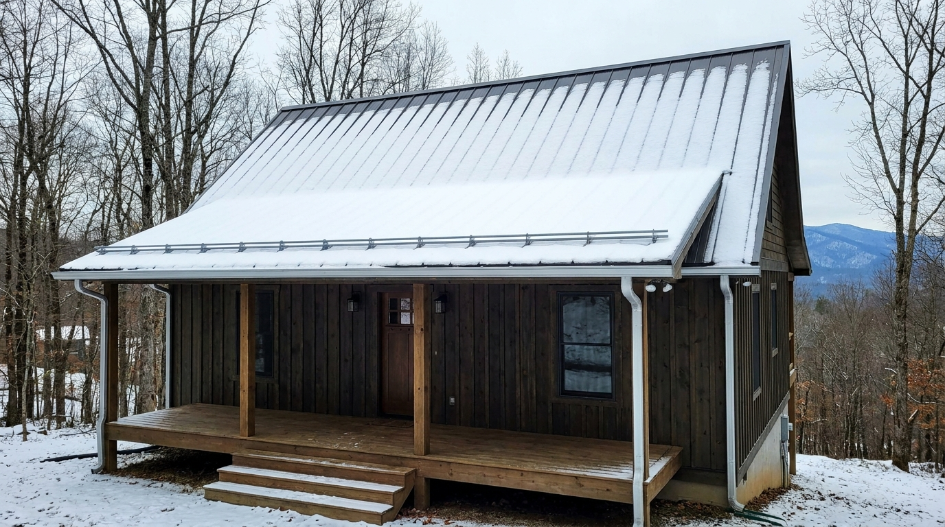 Dark wood-sided house with a covered front porch and wooden steps under a snow-covered dark standing-seam metal roof, with a snow rail running along the slope just above the porch eave and bare trees and a blue ridgeline behind
