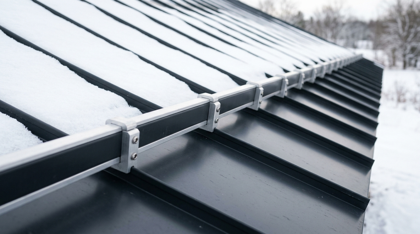 Metal snow rail with a dark face strip held by aluminum clamps with visible screws across a dark standing-seam metal roof, with snow resting uphill of the rail and the panels below it clear