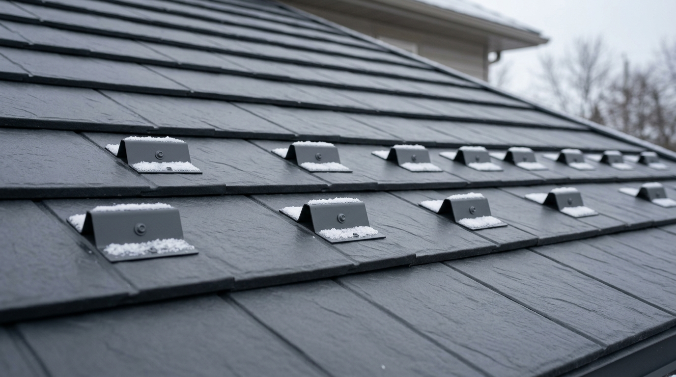 Rows of small gray pad-style snow guards, each with a screw through its face, set across the courses of a dark gray slate-look shingle roof, with light snow on the guards