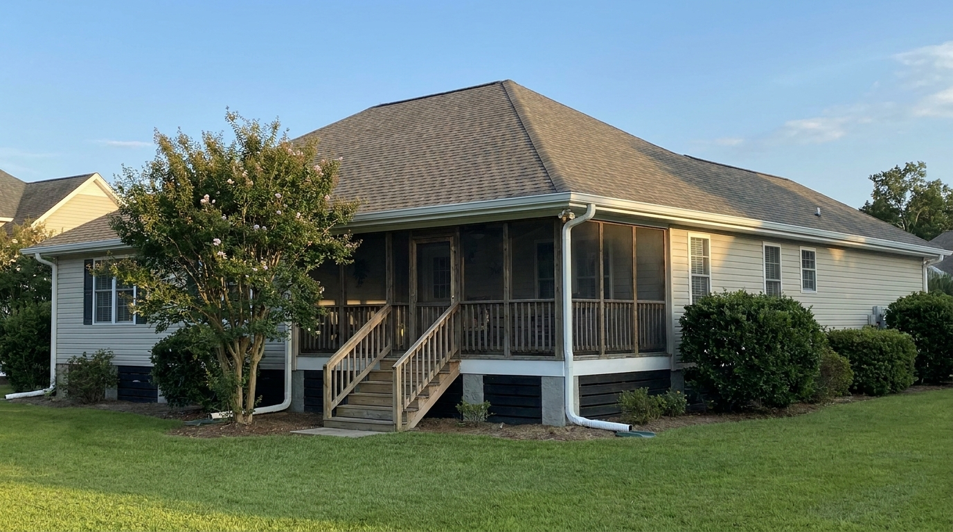 A one-story house with pale siding and a brown shingle hip roof, white gutters with white downspouts running down to the ground, a screened porch with wooden steps, a crape myrtle in bloom and trimmed shrubs on a green lawn