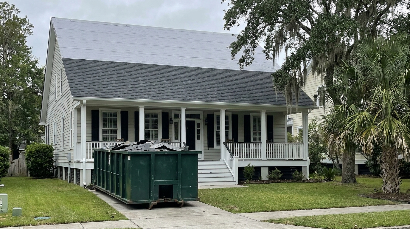 A raised house with pale siding, black shutters and a front porch with white columns and railings, its roof half replaced, with dark gray shingles on the lower half and plain light gray underlayment on the upper half, a green roll-off dumpster full of torn-off shingles in the driveway, and a live oak hung with Spanish moss and a palmetto at the right