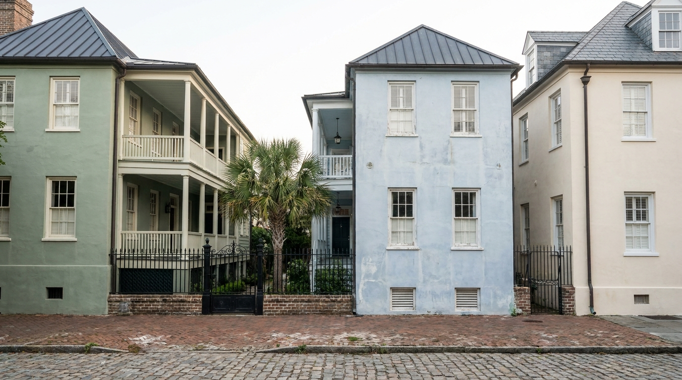 Three tall stucco houses on a historic street with a brick sidewalk and a cobblestone road: a green house with two levels of white side porches behind a black wrought iron fence and gate, a pale blue house with a dark standing-seam metal roof, and a cream house with a gray slate roof and a dormer, with a palmetto between the first two